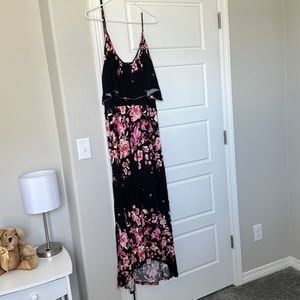 Pink Floral Maxi Dress with Top Ruffle